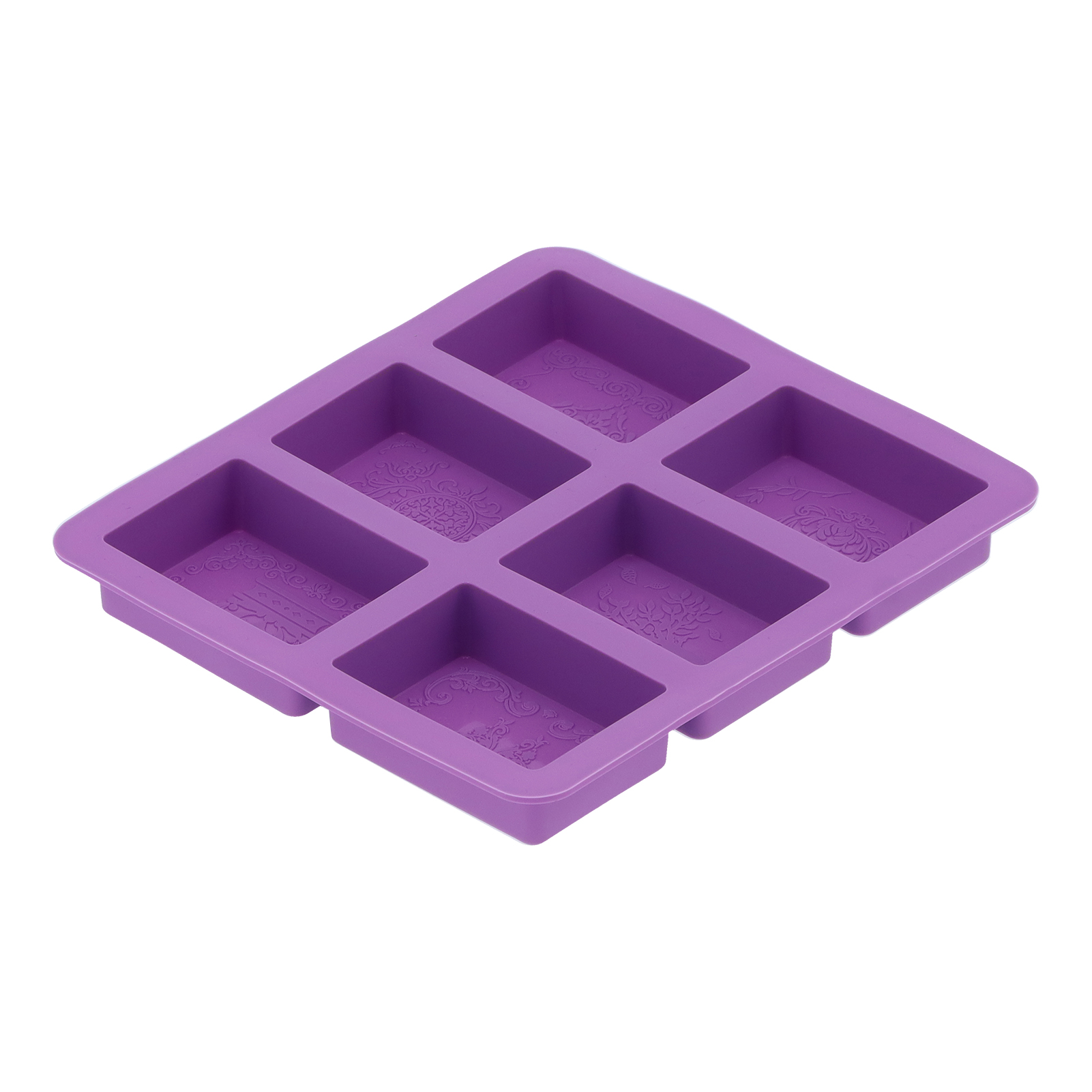 Silikonform Mit 6 Mulden Und Originellen Designs Für Handgemachte Seife Und Kuchen, Hausgemachtes Gebäck, Rechteckig, Lila