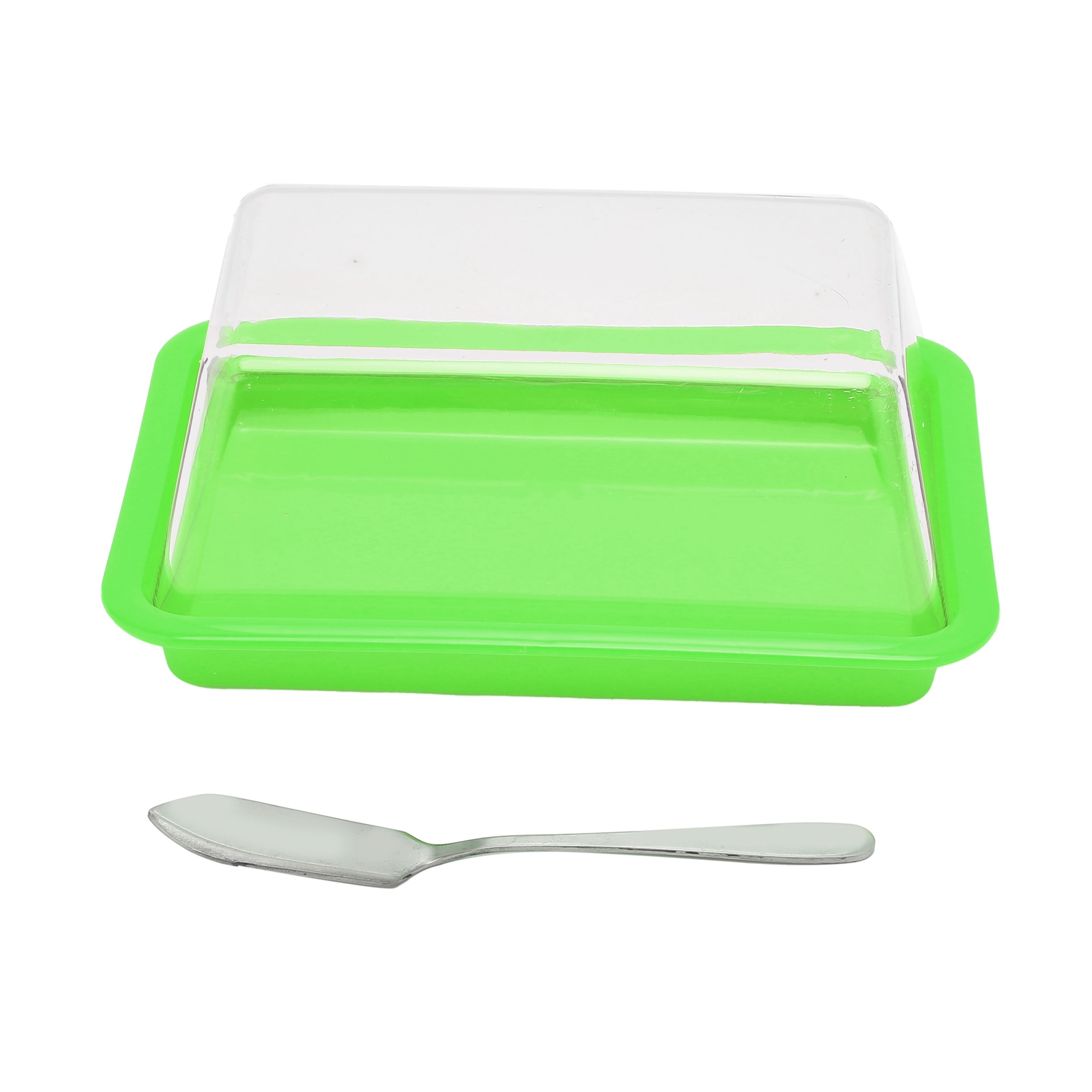 Quadratischer Butterbehälter Aus Kunststoff Mit Buttermesser Und Transparentem Grünem Deckel, Käsebehälter Aus Pp+pc, 18 X 11,5 X 8 Cm, Mit 14 Cm Langem Messer