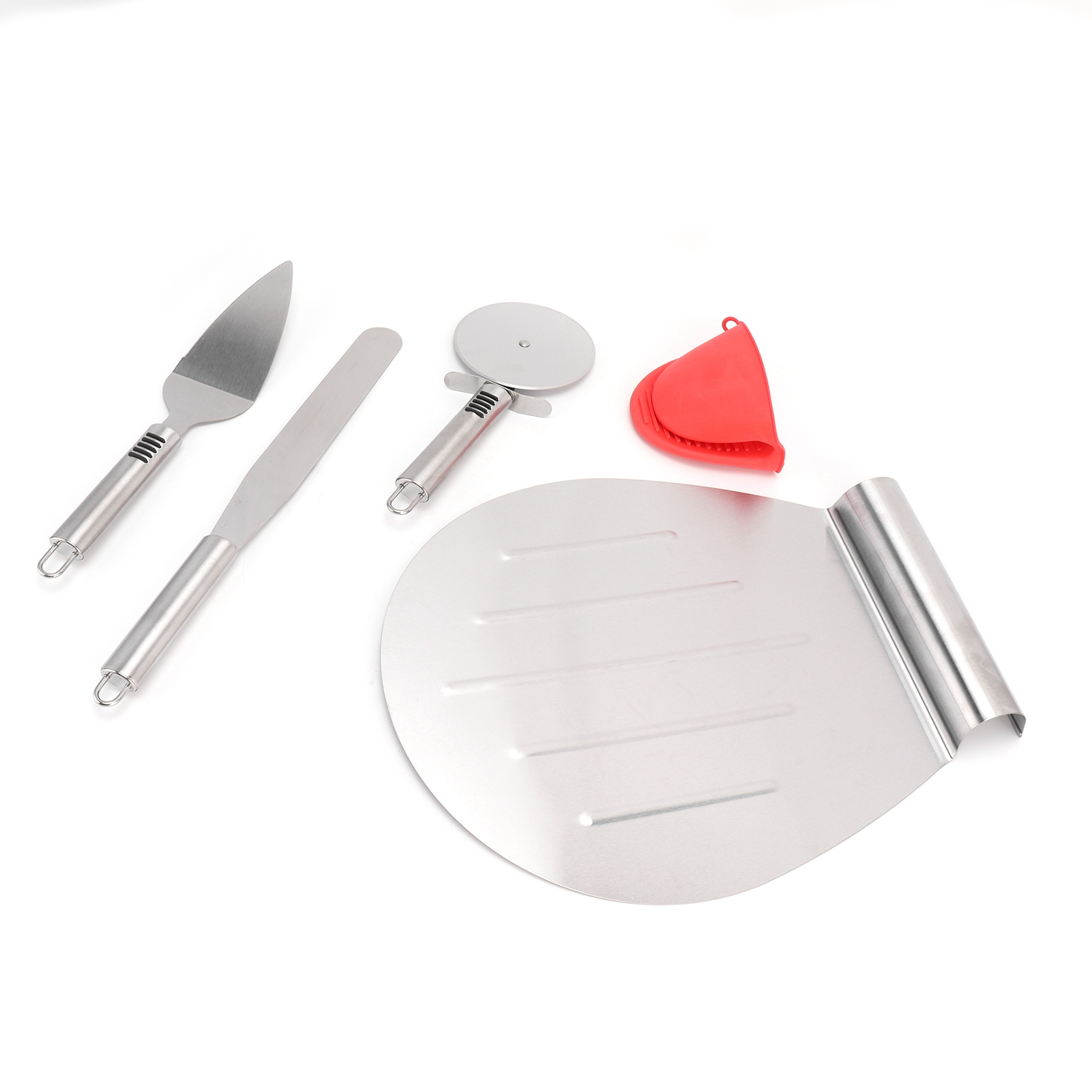 5-teiliges Pizzabesteck-set Aus Edelstahl Und Silikon: Pizzaschieber, Transferschieber, Pfannenwender, Pizzaschneider, Hitzeschutzzange, Runder Pizzaschieber