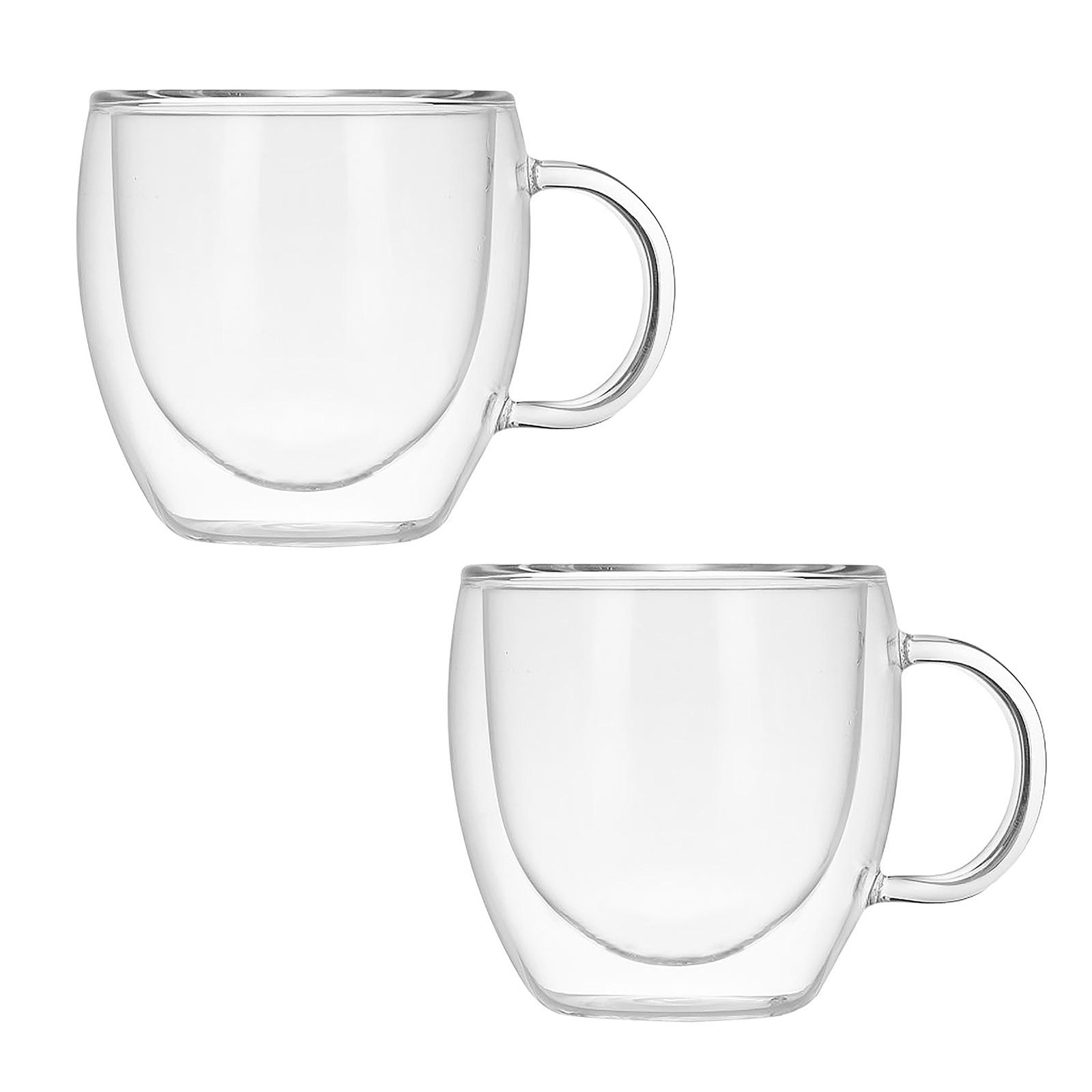 Set Aus 2 Doppelwandigen, Transparenten Borosilikatglasbechern Für Kaffee, Milch Oder Fruchtsaft. Höhe 80 Mm, Öffnungsdurchmesser 74 Mm, Bodendurchmesser 45 Mm, Fassungsvermögen 150 Ml.