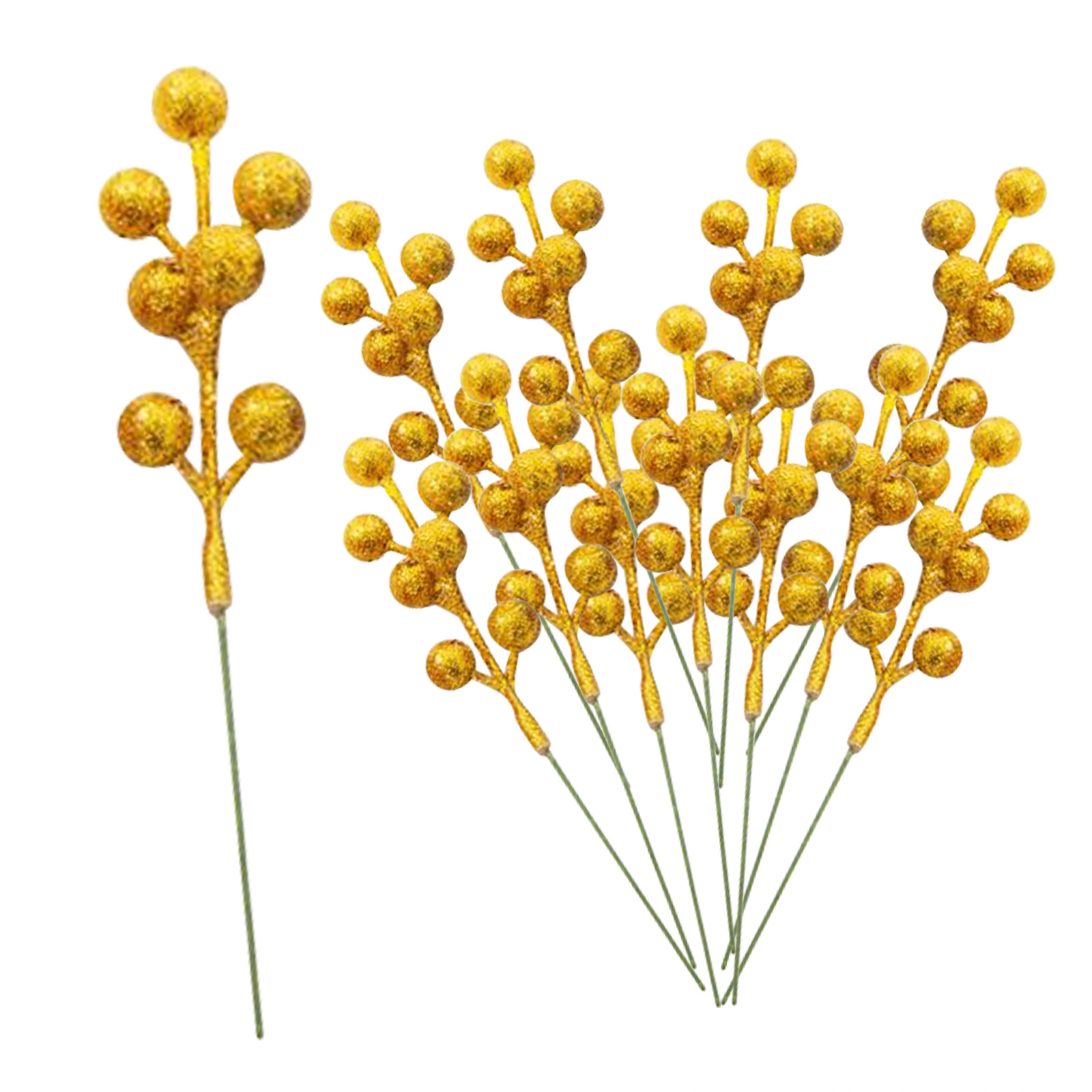 Set Mit 12 Künstlichen Glitzerbeerenstielen, Weihnachtsdekoration, Wohndekoration, 7 Zweige, 17 Cm, Gold