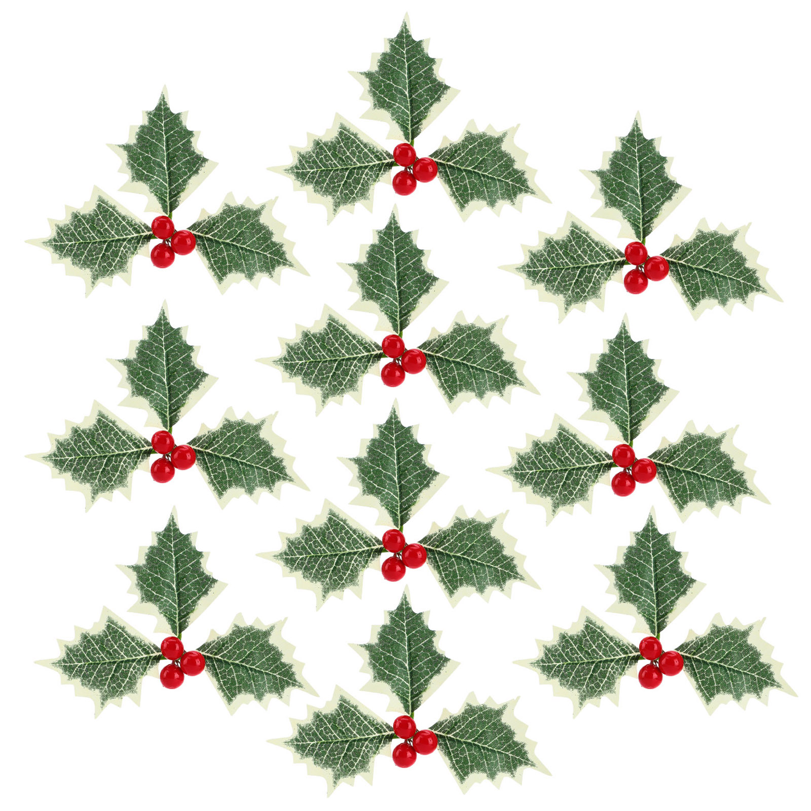 10 Künstliche Rote Stechpalmenbeeren Mit Grünen Seidenblättern, Weihnachtskranzdekoration Für Partys