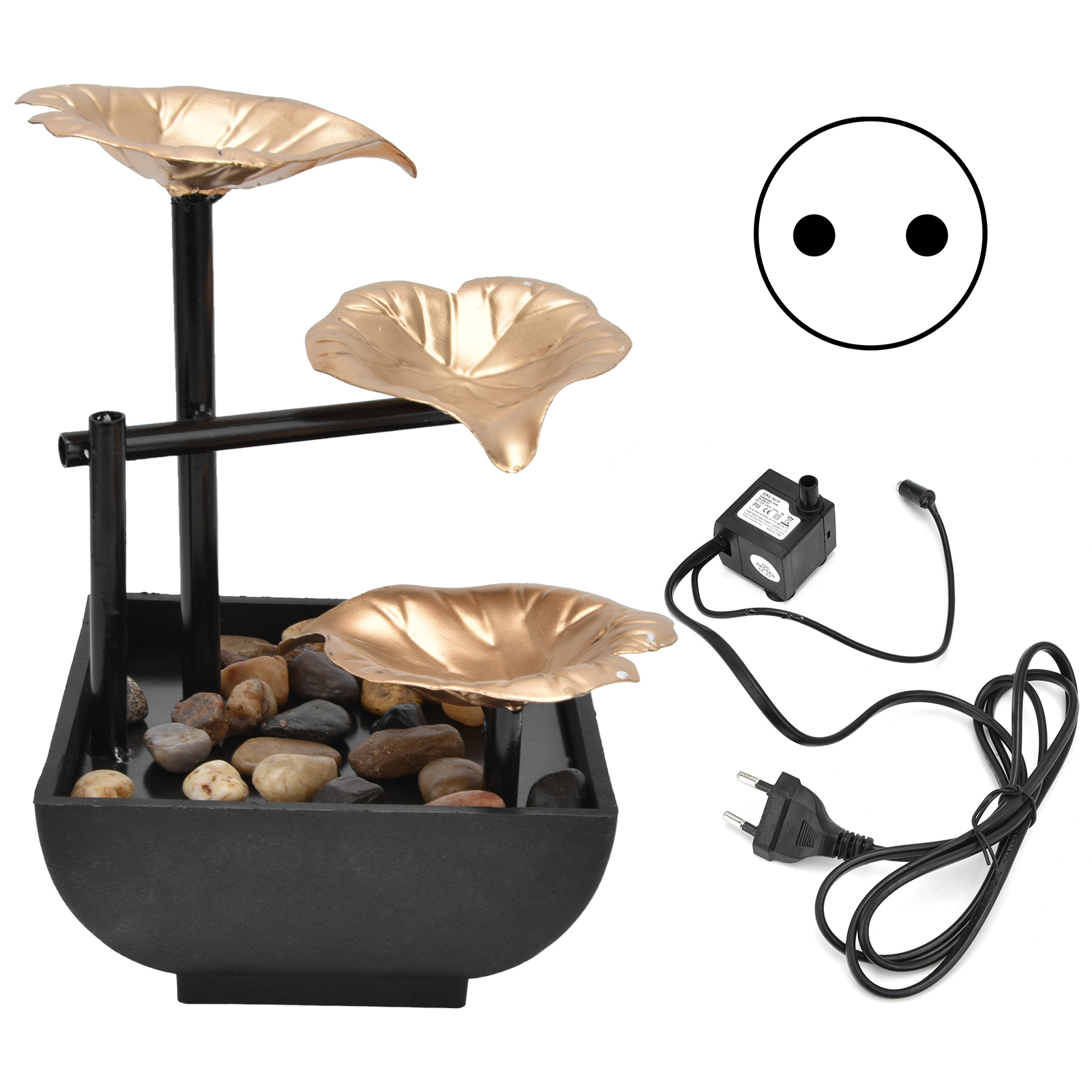 Dekorativer Feng-shui-tischbrunnen Mit Fließendem Wasser Für Büro Und Zuhause, Material: Eisen + Kunststoff, 20,5 Cm Hoch, Sockel: 13 X 13 Cm, Gelbe Led-beleuchtung, 740 G, Eu-stecker (220–240 V)