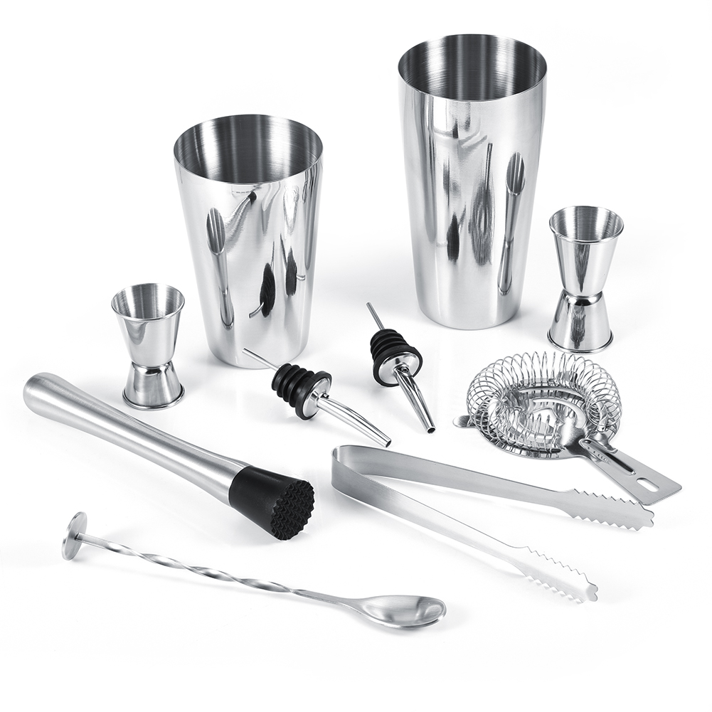 Set Mit 10 Barwerkzeugen Aus Edelstahl 304: Cocktailshaker (600 Ml Und 750 Ml), Eiszange, Rührlöffel, Ausgießer, Eispresse, Barsieb