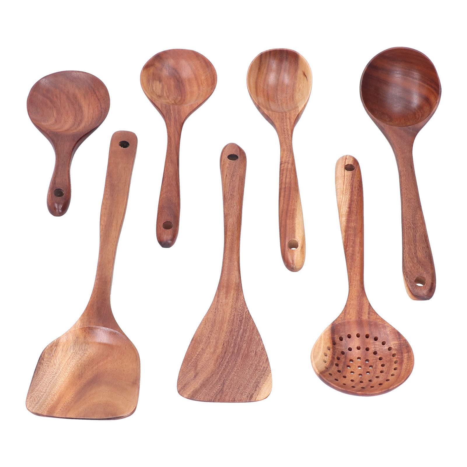 7-teiliges Set Aus Teakholzlöffeln Und -spateln Für Die Küche, Antihaftbeschichtet, Für Mixer Geeignet, Mit Langem Stiel, Dunkelbraun