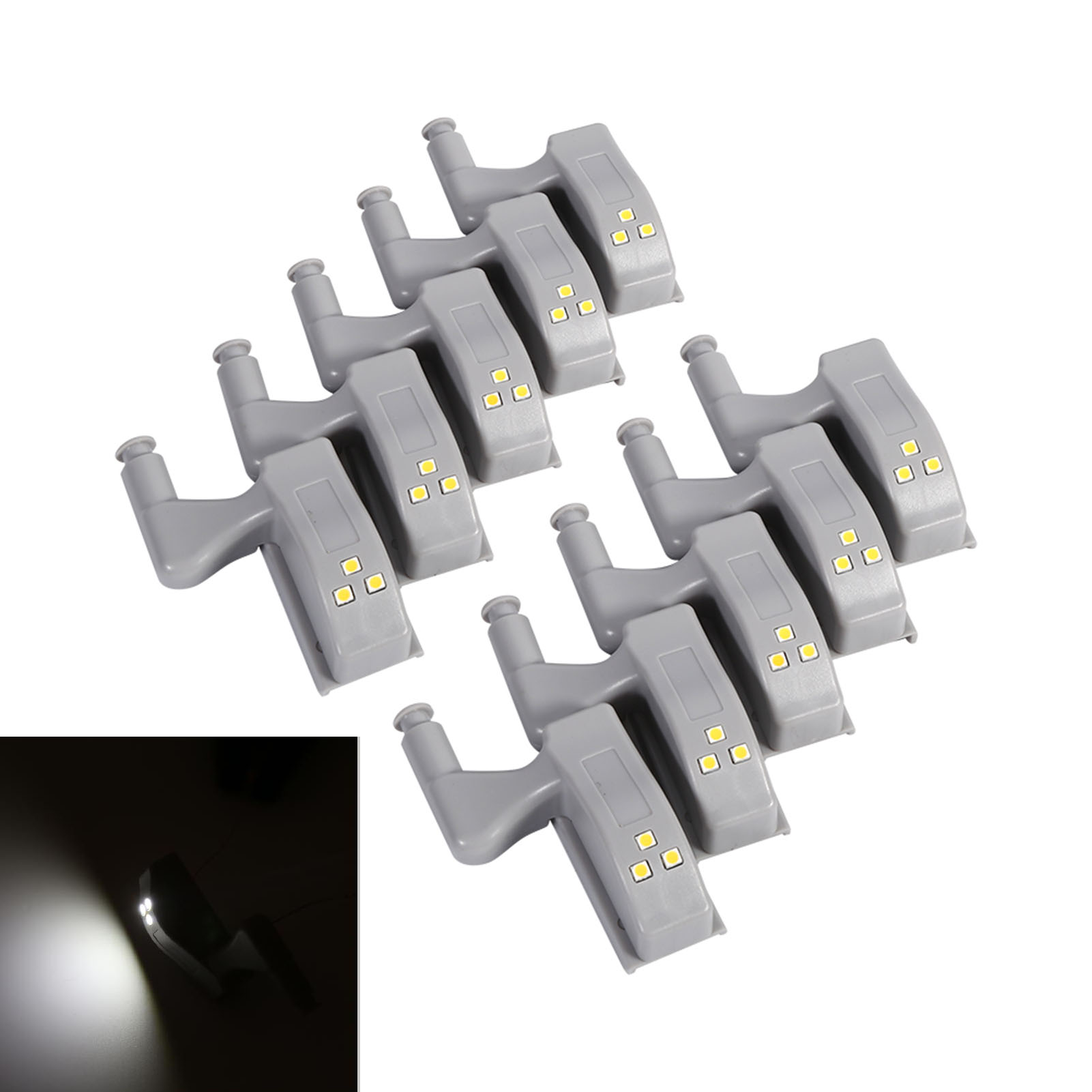Set Mit 10 Led-leuchten Für Möbelscharniere, Schränke, Kleiderschränke, Küchen Und Wohnräume. Abs-grau, 3 Leds, 8 X 5 X 5 Cm, Kaltweiß.
