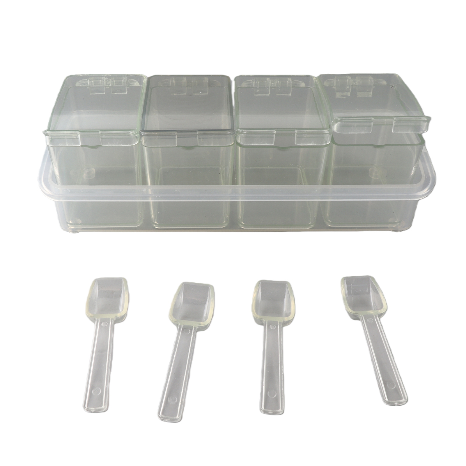 4-teilige, Transparente Gewürzbox Aus Pp+ps-kunststoff Mit 4 Fächern, 23,5 X 10 X 8 Cm, Für Salz, Zucker Und Pfeffer, Inklusive 4 Löffeln Und Bodenschale.