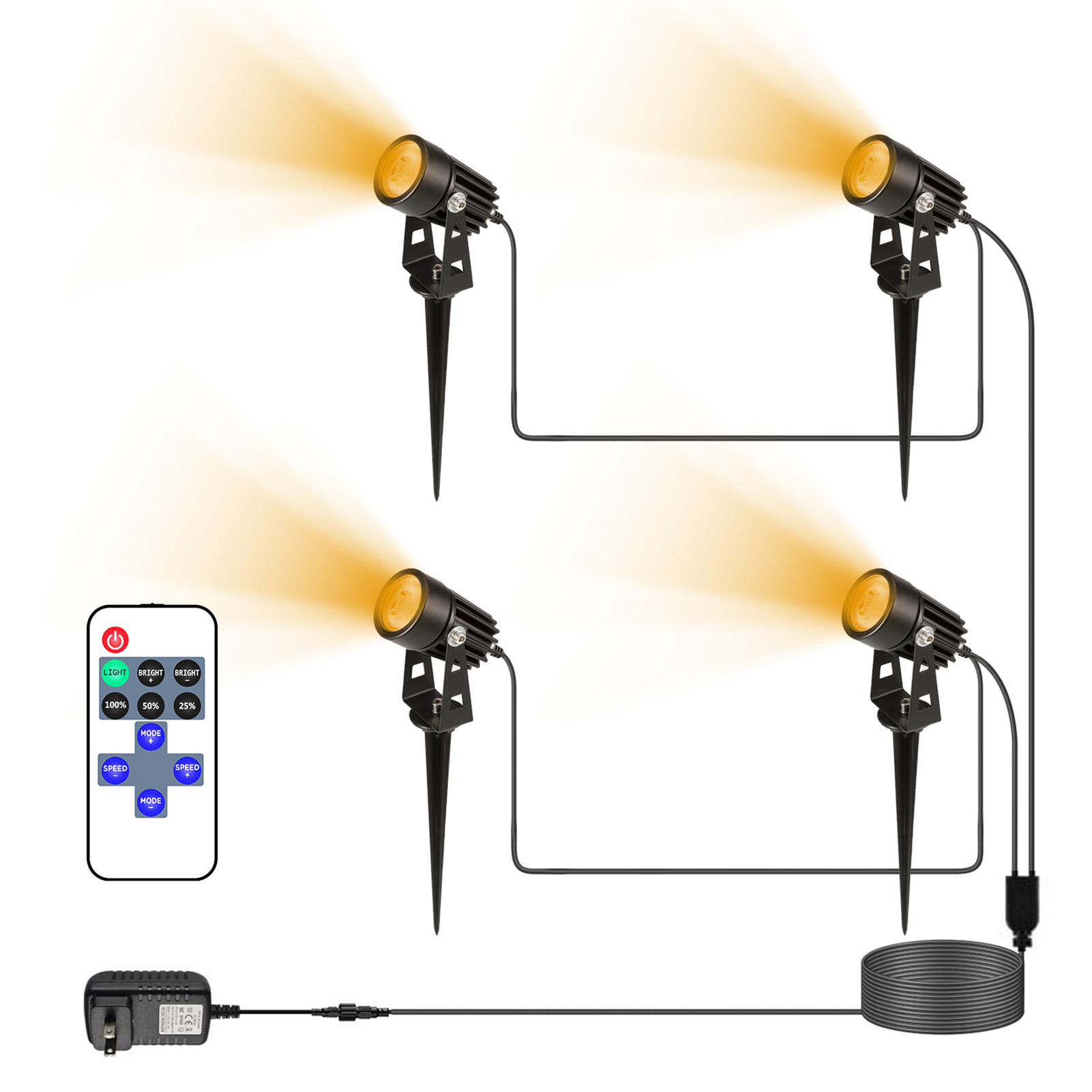 Set Mit 4 Led-außenstrahlern Mit Fernbedienung, Ip65 Wasserdicht, Warmweißes Licht Für Die Gartenbeleuchtung Von Rasenflächen Und Hinterhöfen, Erdspießleuchten