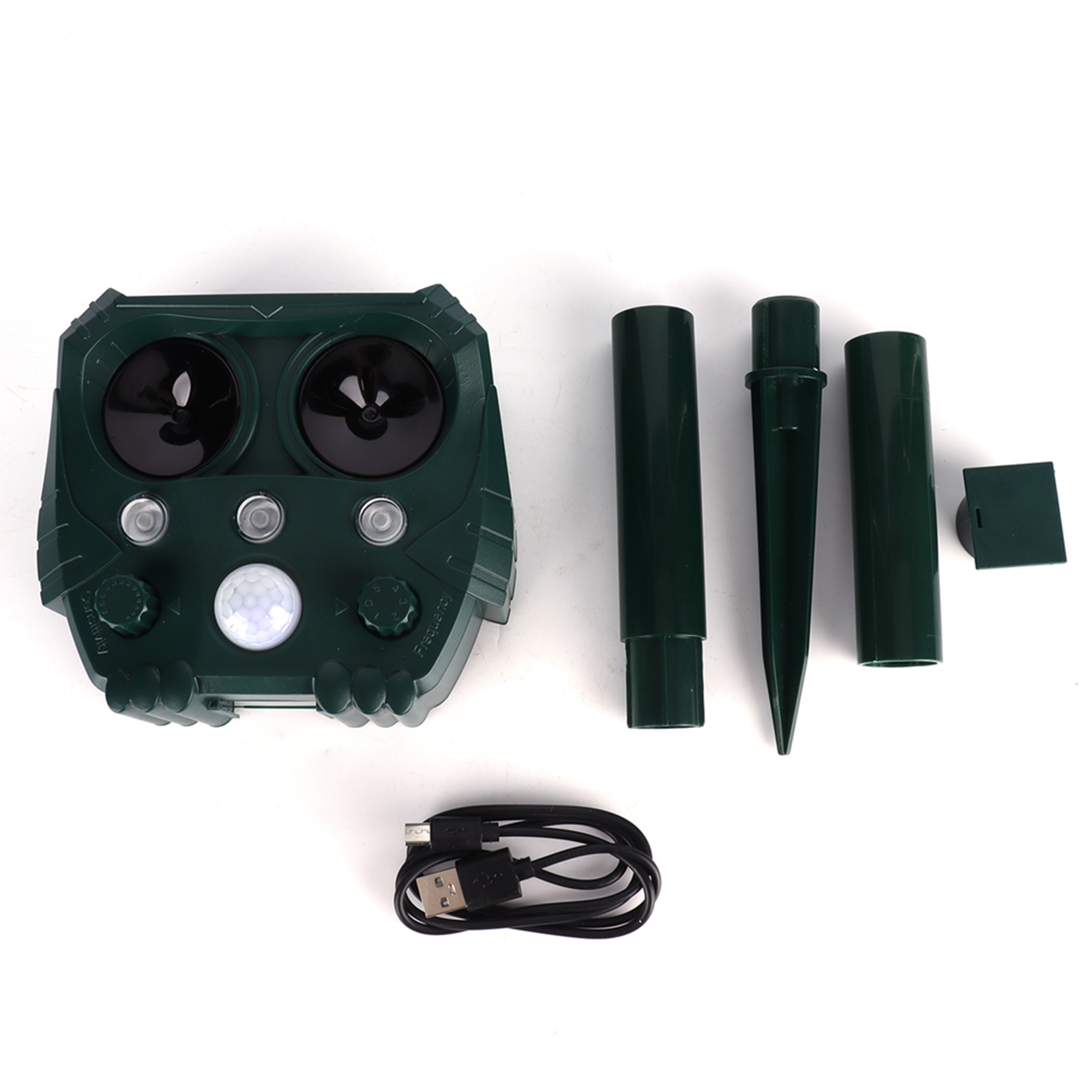 Solarbetriebenes Ultraschall-tierabwehrgerät, Mäuseabwehr, 5 Modi, Für Den Garten, Abs, 13,6 X 12,3 X 6,5 Cm, Ipx5, Lieferumfang: 1 Gerät, 3 Verlängerungsrohre, 1 Stecker, 1 Usb-kabel, 1 Bedienungsanl
