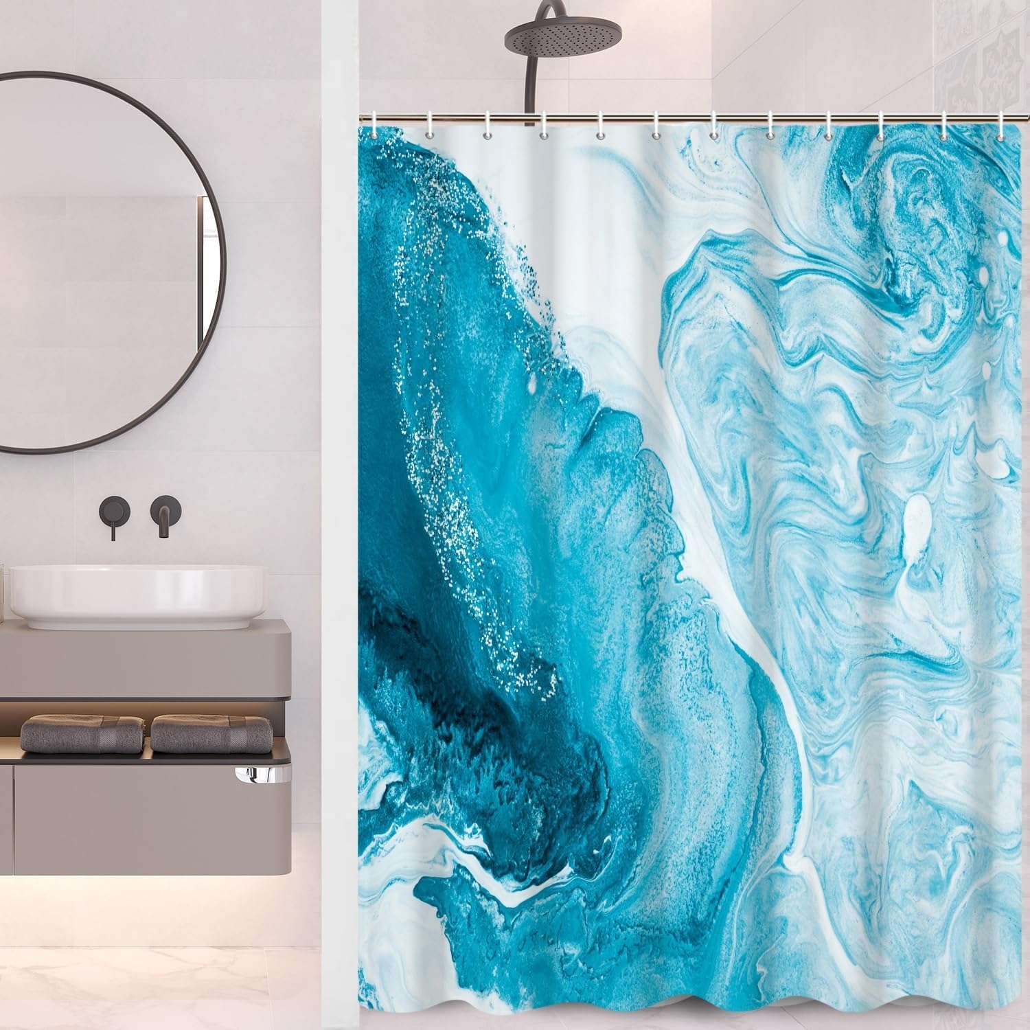 Duschvorhang Mit Abstraktem Meeresmuster Und Haken (200 Cm Breit X 180 Cm Hoch)