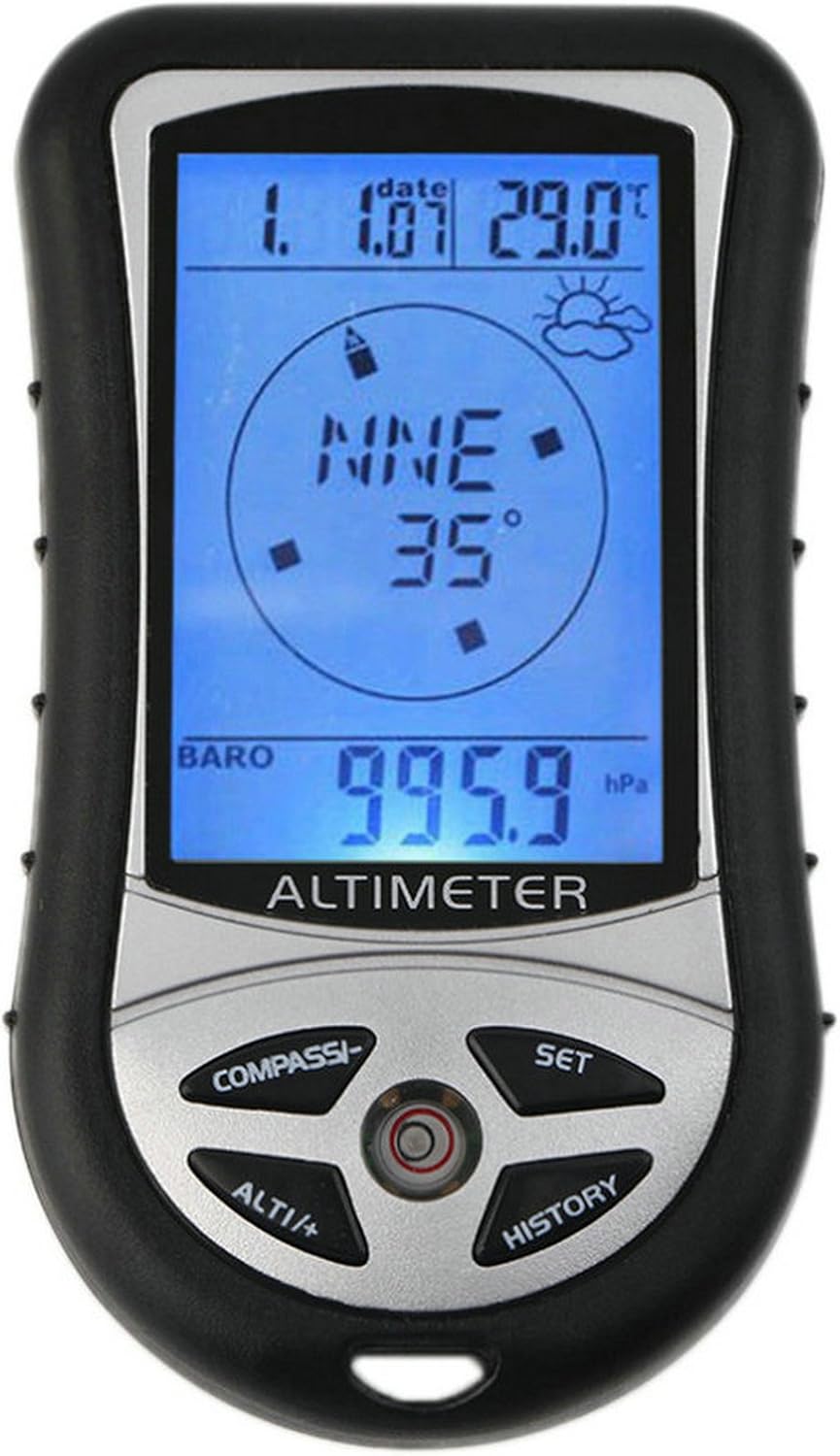 Höhenmesser, Hintergrundbeleuchtung, Wettervorhersage, Uhr, Höhenmesser, Thermometer Und Barometer.