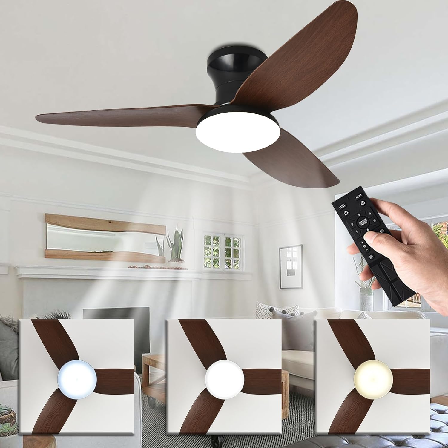 100 Cm Led-deckenventilator Mit Fernbedienung Und App-steuerung, Leiser Betrieb, 6 Geschwindigkeitsstufen (dunkle Holzmaserung).