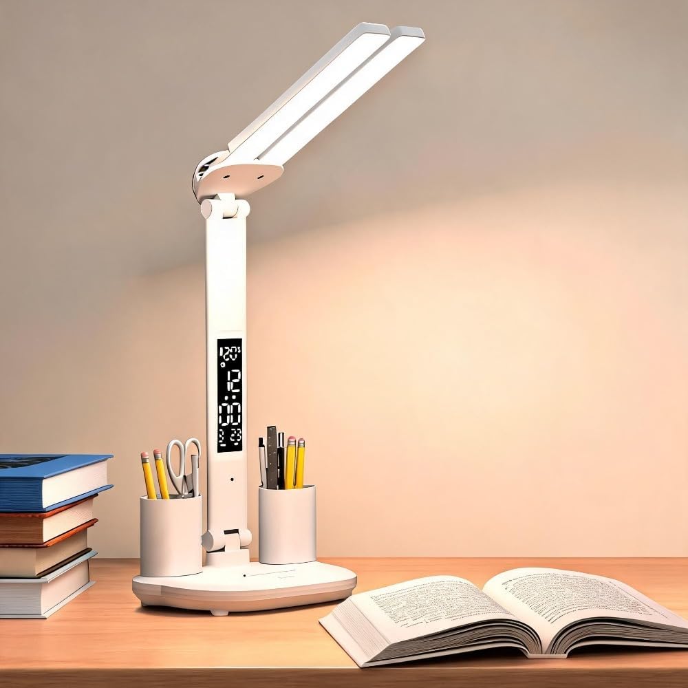 Wiederaufladbare Led-schreibtischlampe Mit Uhr, Temperaturanzeige Und Usb-anschluss (weiß)