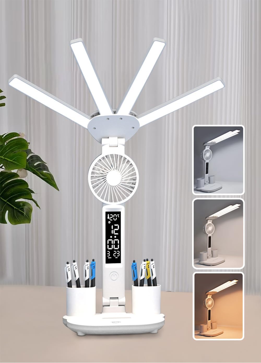 Led-schreibtischlampe Mit Ventilator, Uhr, Datumsanzeige, Temperaturanzeige, Stifthalter Und Dreifarbigem Dimmer.