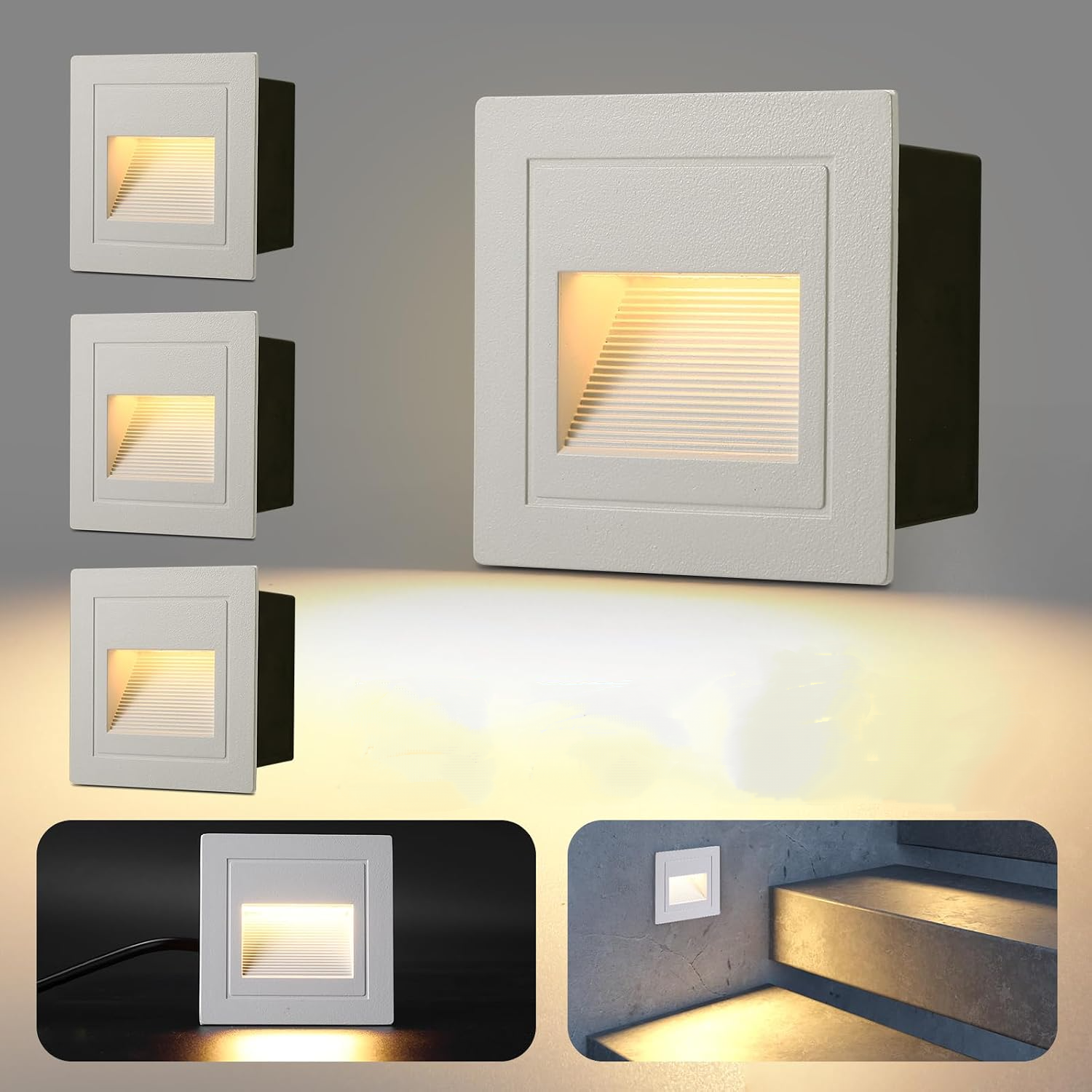 Das Treppenhaus Ist Mit Vier Eingelassenen Wandleuchten Ausgestattet, 3 W, Warmweißes Licht, Schutzart Ip65, 68 Mm Einbaufassungen, Weiß.