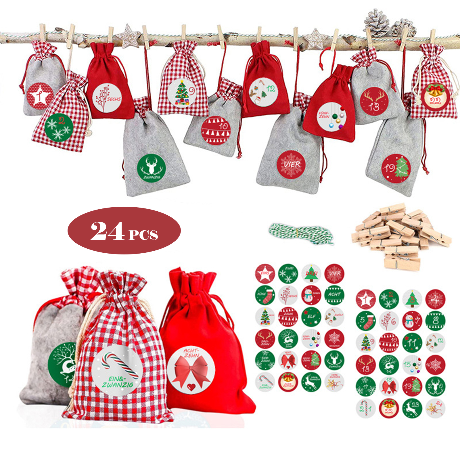 24 Adventskalendertüten, 24-tägiger Weihnachtscountdown, Jutesäckchen, Süßigkeitentüten Mit Holzclips, Aufkleber Und Schnur