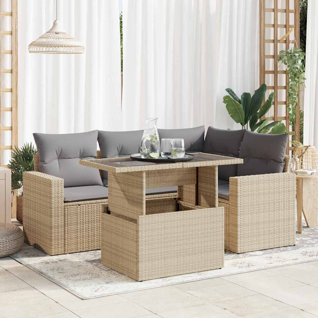 Terrassensofa - 5-tlg. Garten-sofagarnitur Mit Kissen Beige Poly Rattan