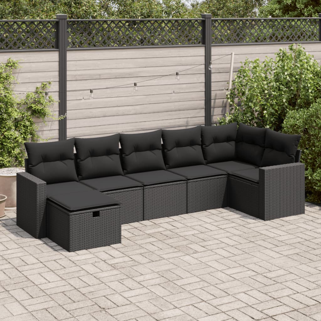 Rattan - 7-tlg. Garten-sofagarnitur Mit Kissen Schwarz Poly Rattan