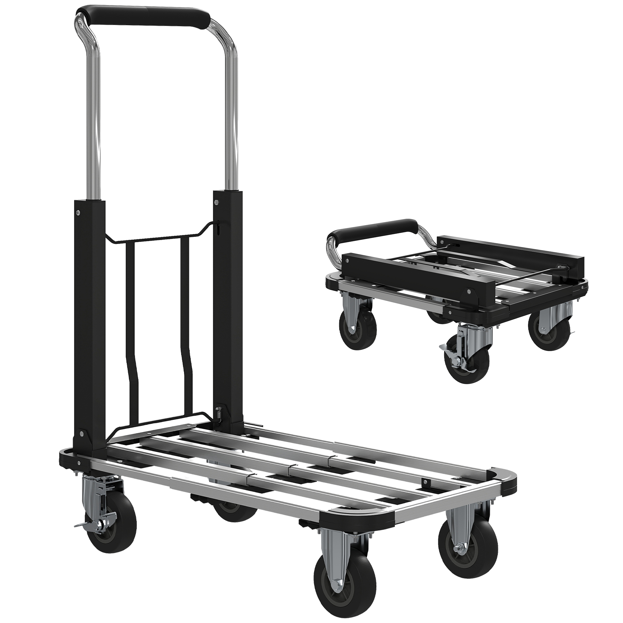 Klappbarer Handwagen, Bis 150 Kg, Erweiterbare Fläche, Höhenverstellbarer Griff, Für Kisten, Metall, Schwarz