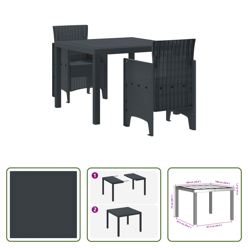 Vidaxl Freien Essplatz - Garten Essgruppe 3 Pcs Anthrazit Polypropylen
