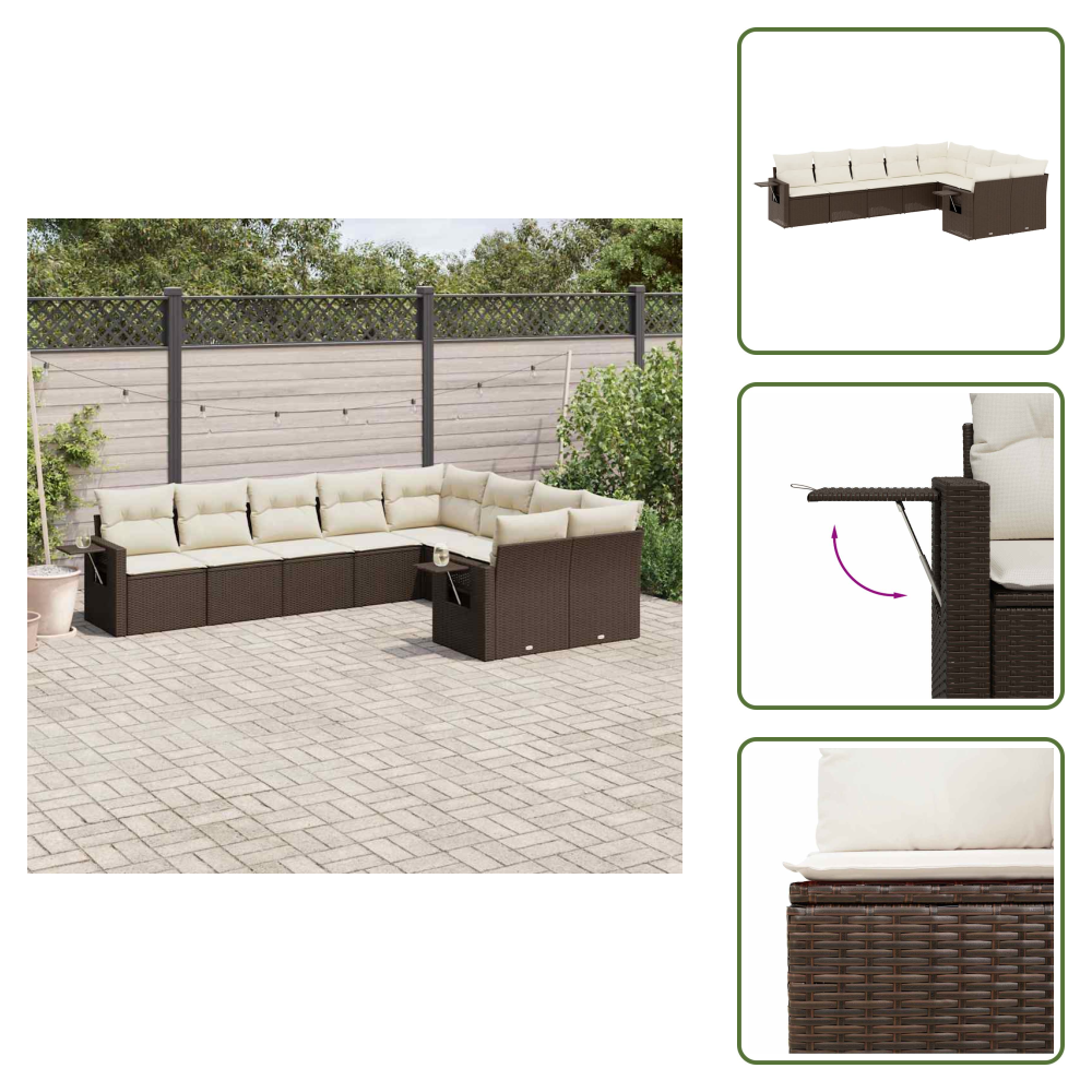 The Living Store 9-tlg. Garten-sofagarnitur Mit Kissen Braun Poly Rattan - Gartengestell - Gartenmöbelset - Pe-rattan - Outdoor Möbel - Lounge Set