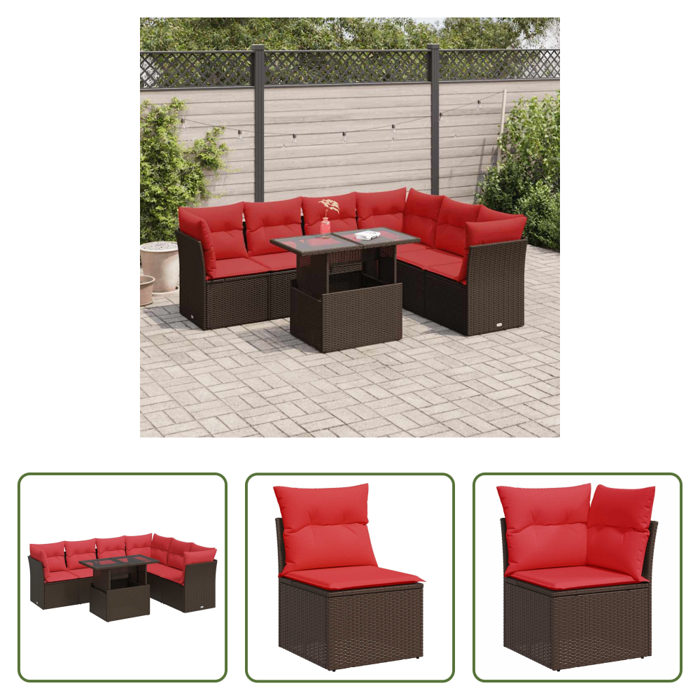 Vidaxl Rattan - 7-tlg. Garten-sofagarnitur Mit Kissen Braun Poly Rattan Akazie