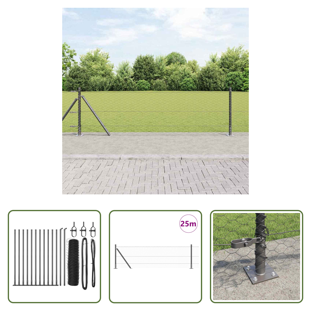 Außenzaun - Zaunpfosten Grau 25 X 0,6 M (36 Mm Maschen) Stahl Und Pvc