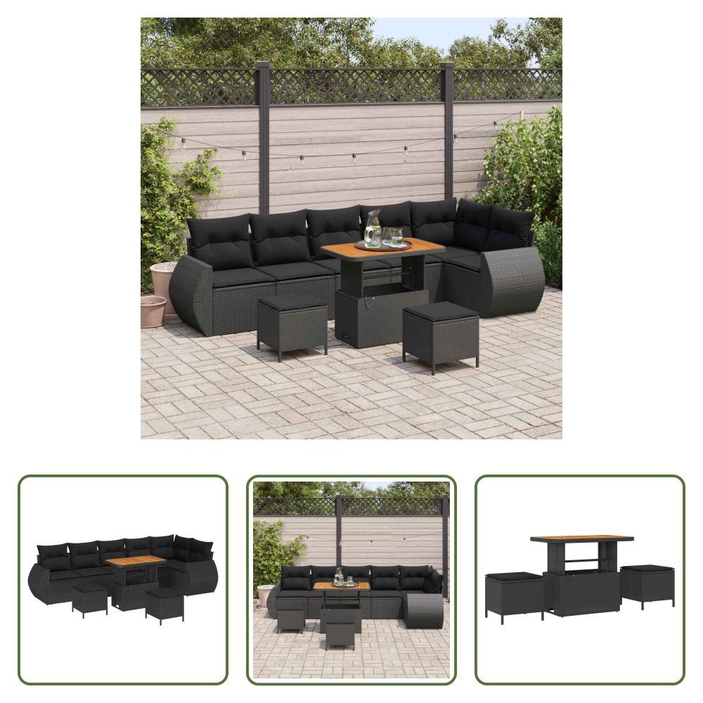 Terrassensofa - Gartensofa-set Mit Kissen Mit Kissen 9 Pcs Schwarz Poly Rattan