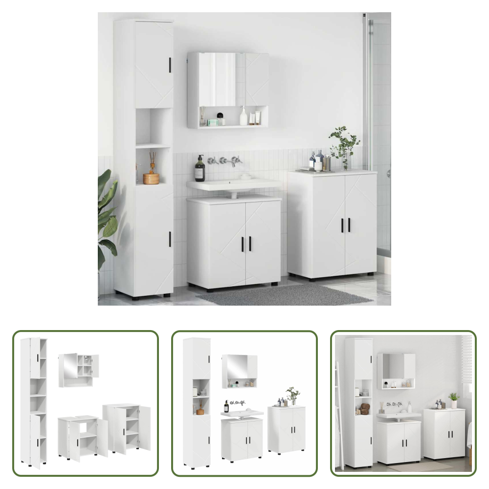 Vidaxl Waschtischschrank - Badezimmermöbel-set Mit Tür 4 Pcs Weiß Holzwerkstoff & Metall
