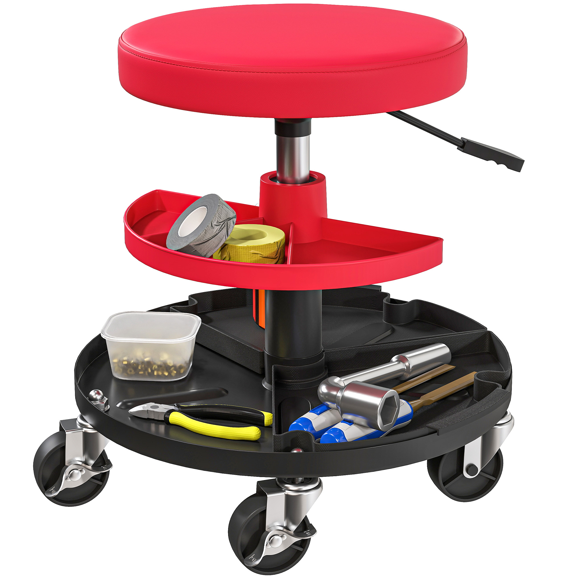 Werkstatthocker Drehbar Mit Rollen, 40-51 Cm Höhenverstellbar, 2 Ablagen, 135 Kg, Rot
