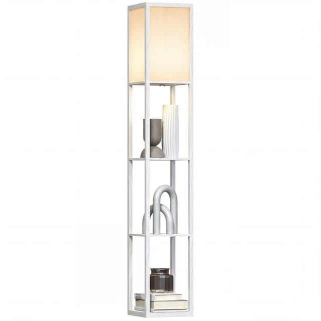 Lampadaire Étagère En Bois 3 Niveaux (26 X 26 X 160 Cm) - Lampadaire Liseuse Rangement - Naturel