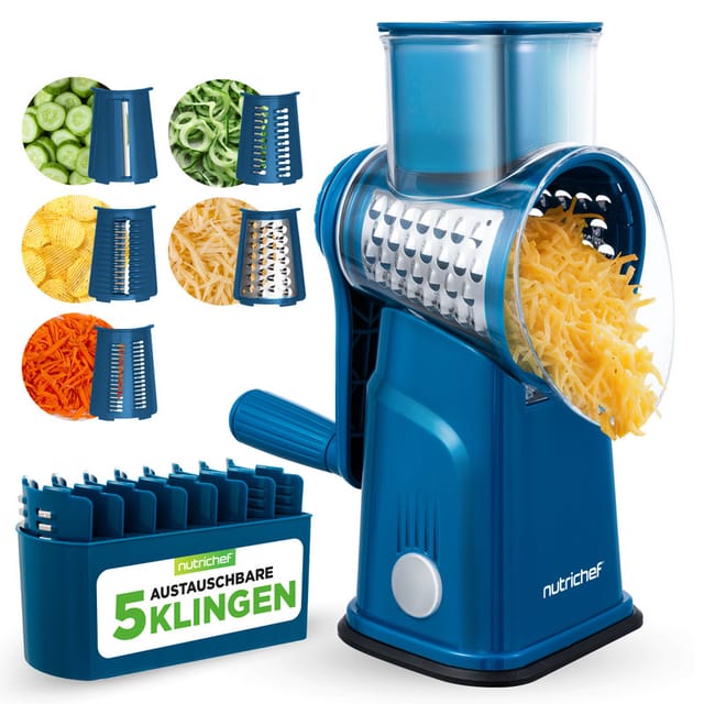 Nutrichef Trommelreibe Mit Kurbel, 5 Trommeln, Saugfuß, Blau