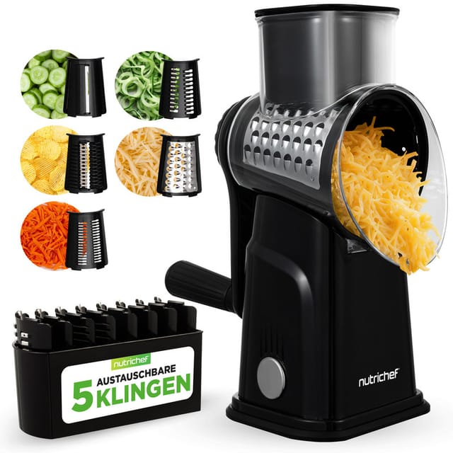 Nutrichef Trommelreibe Mit Kurbel, 5 Trommeln, Saugfuß, Schwarz