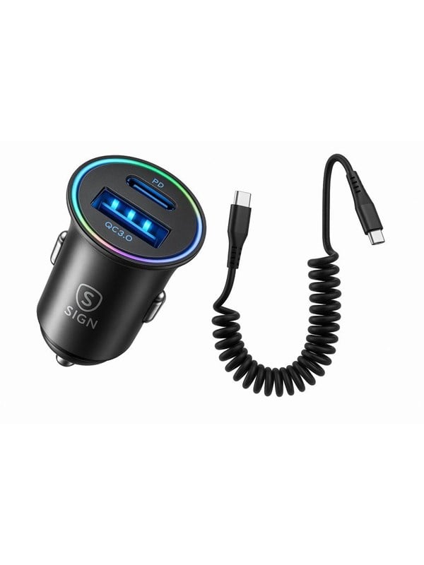 SiGN 60W Car Charger with Coiled USB-C to USB-C Cable - Black