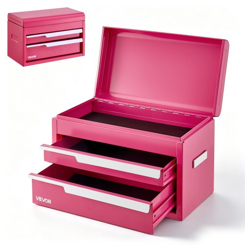 VEVOR Werkzeugkasten mit 2 Schubladen Tragbarer Stahl-Werkzeugkoffer Rosa, Stapelbare Werkzeugbox für Werkstatt Garage Büro & Zuhause, 280x150x180mm, mit Oberem Ablagefach Schutzeinlagen & Magneten