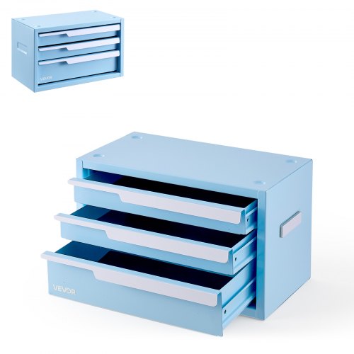 VEVOR Werkzeugkasten mit 3 Schubladen Tragbarer Metall-Werkzeugkoffer Blau, Stapelbare Werkzeugkiste für Werkstatt Garage Büro & Zuhause, Stahlrahmen, 280x150x166mm, mit PVC-Schutzeinlagen & Magneten