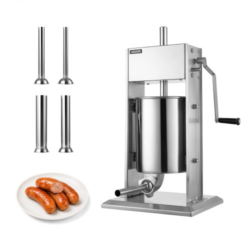 VEVOR Manuelle Wurstfüllmaschine 10 L Vertikaler Wurstfüller Edelstahl für Zuhause, Camping, Grillen & BBQ, mit 4 Füllrohren, Kippbarem Behälter, Spülmaschinenfesten Teilen & 2 Geschwindigkeiten