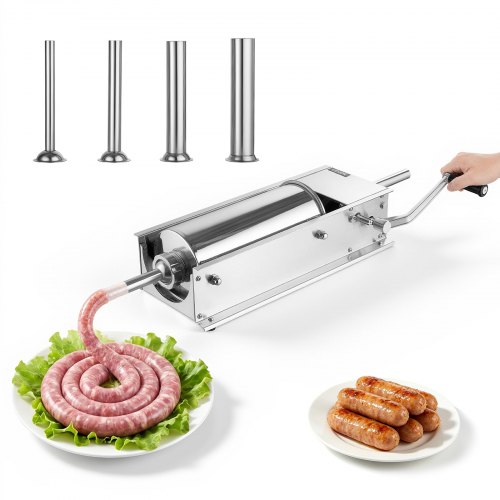 VEVOR Manuelle Wurstfüllmaschine 5 L Horizontaler Wurstfüller Edelstahl für Zuhause, Camping, Grillen & BBQ, mit 4 Füllrohren, 2 Geschwindigkeitsstufen, Ergonomischem Griff und Abnehmbaren Teilen