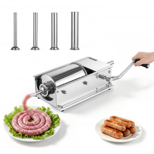 VEVOR Manuelle Wurstfüllmaschine 3 L Horizontaler Wurstfüller Edelstahl für für Zuhause, Camping, Grillen & BBQ, mit 4 Füllrohren, 2 Geschwindigkeitsstufen, Ergonomischem Griff und Abnehmbaren Teilen
