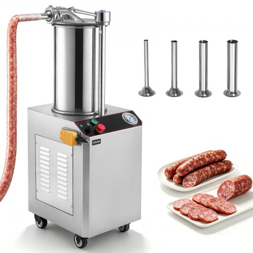 VEVOR Hydraulische Wurstfüllmaschine Automatisch 26 L Wurstfüller Edelstahl für Gleichmäßiges Befüllen mit 4 Füllrohren, Geschwindigkeitsregler, Not-Aus-Schalter, 4 Rollen und Silikondichtung, 750 W