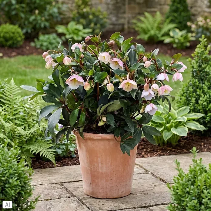 Christrose (Helleborus x Hybrid 'Winterbells'®, Topfgröße: 26 cm, Creme-Grün (innen) & staubiges Rosa (außen))
