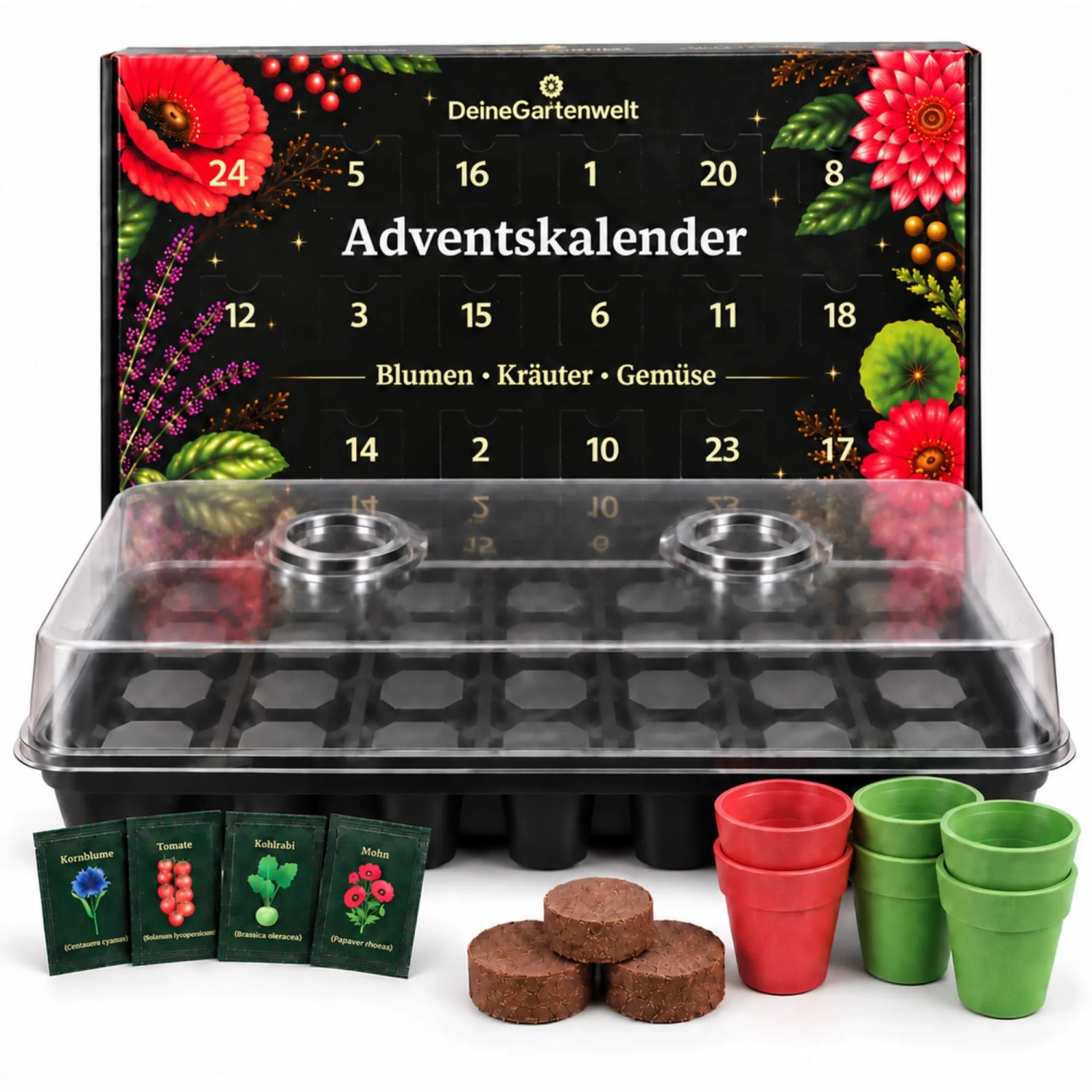 Deine Gartenwelt Saatgut Adventskalender mit Anzuchtset 24 Sorten