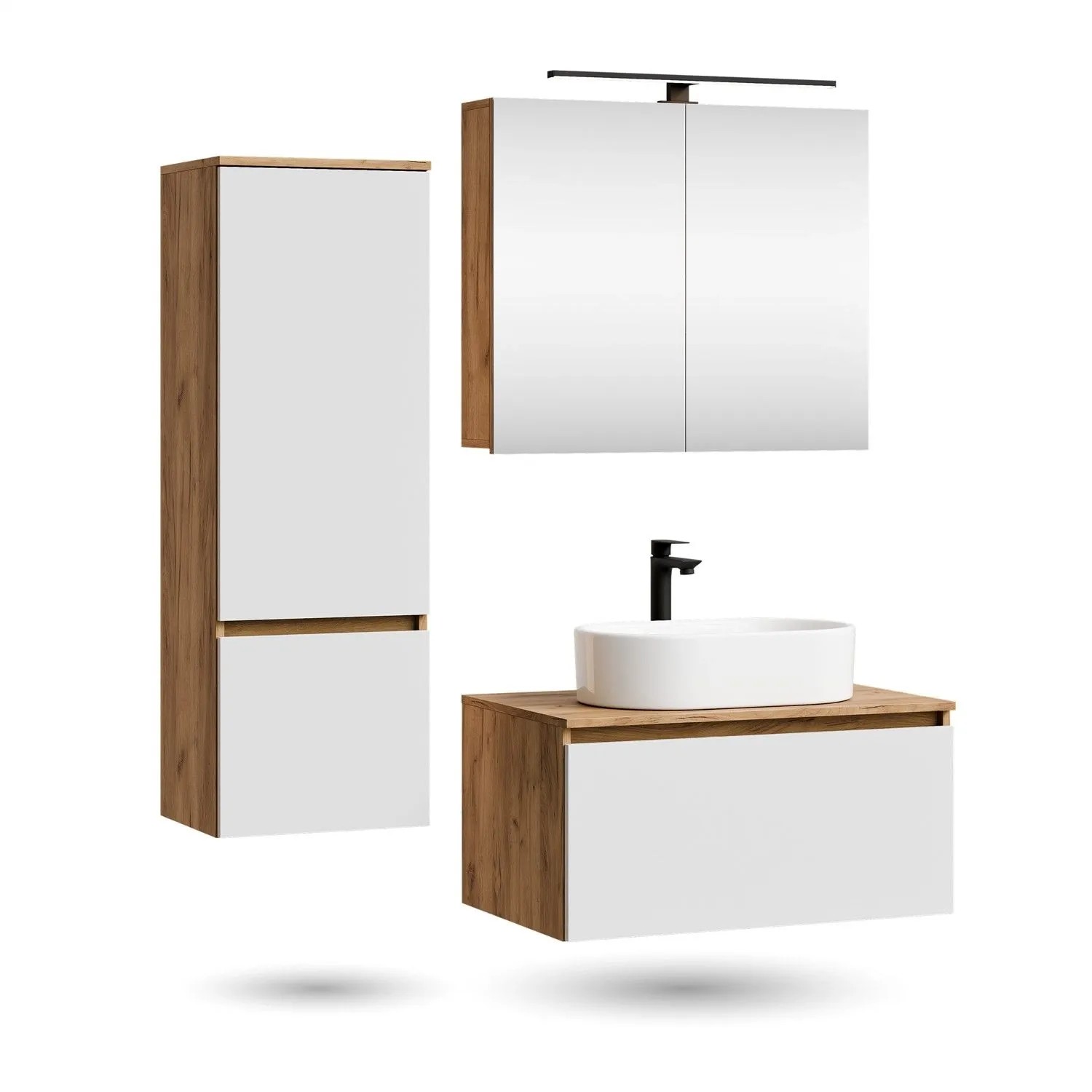 Planetmöbel ARISA Badmöbel Set 80 cm Weiß mit Hochschrank Spiegelschrank ARIA und Aufsatzwaschbecken Weiß 55 cm