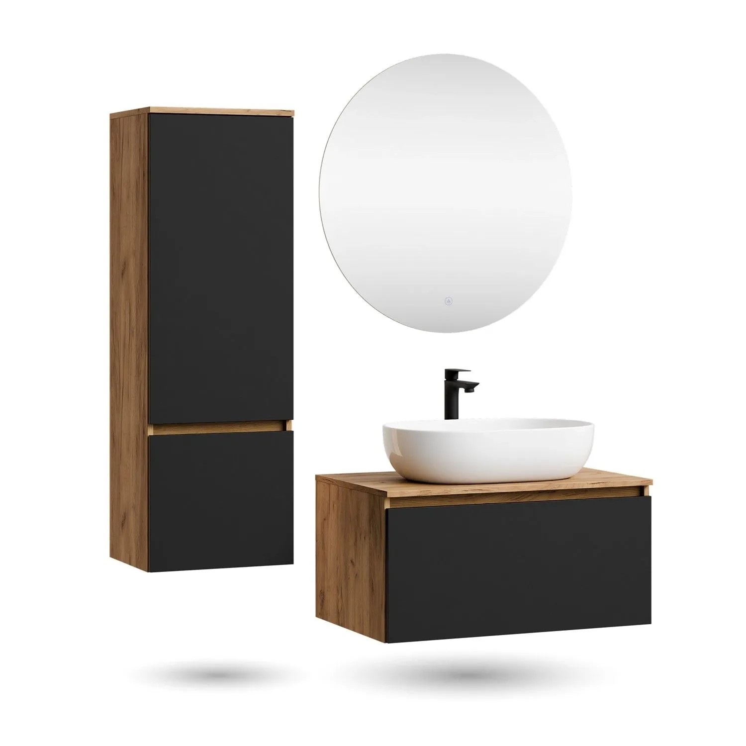 Planetmöbel ARISA Badmöbel Set 80 cm Schwarz mit Hochschrank NOVA LED Spiegel und Weißem Keramik Aufsatzwaschbecken 60 cm Soft Close
