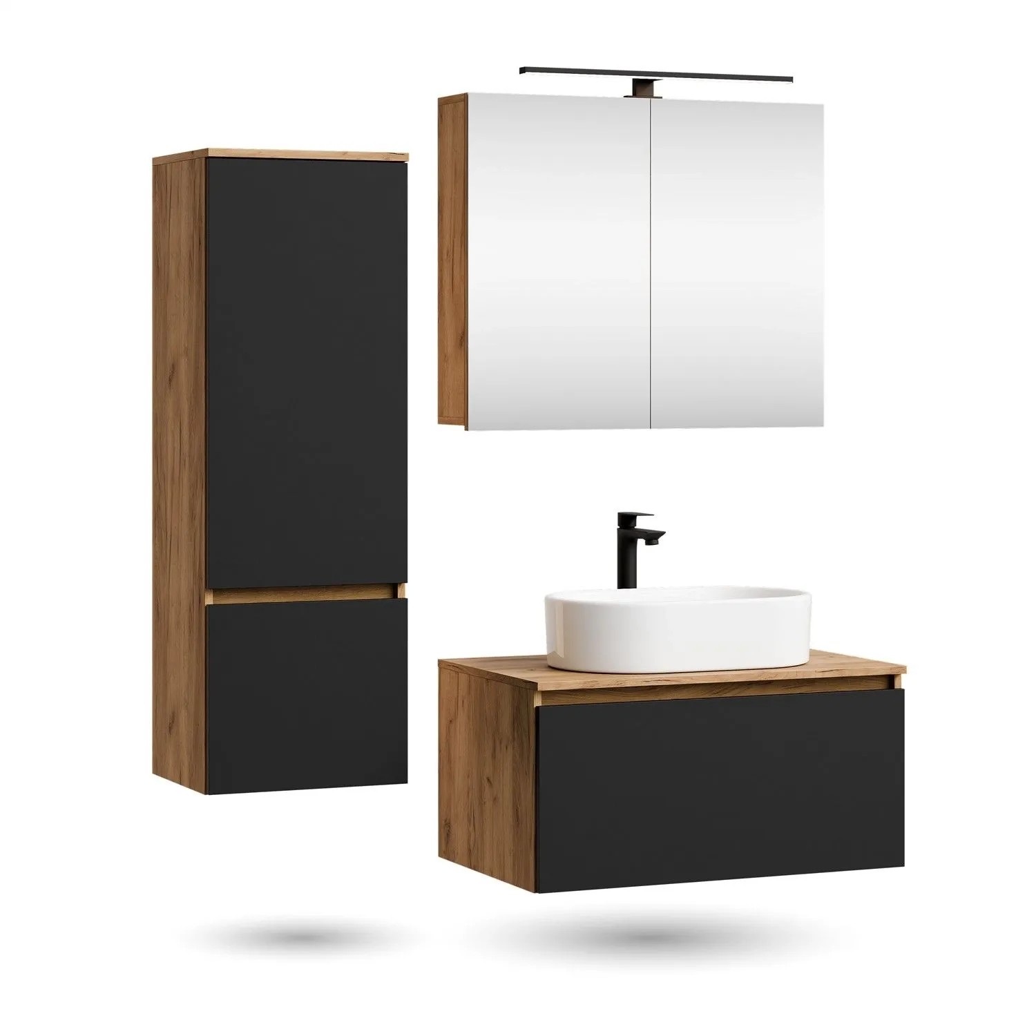 Planetmöbel ARISA Badmöbel Set 80 cm Schwarz mit Hochschrank Spiegelschrank ARIA und Aufsatzwaschbecken Weiß 55 cm