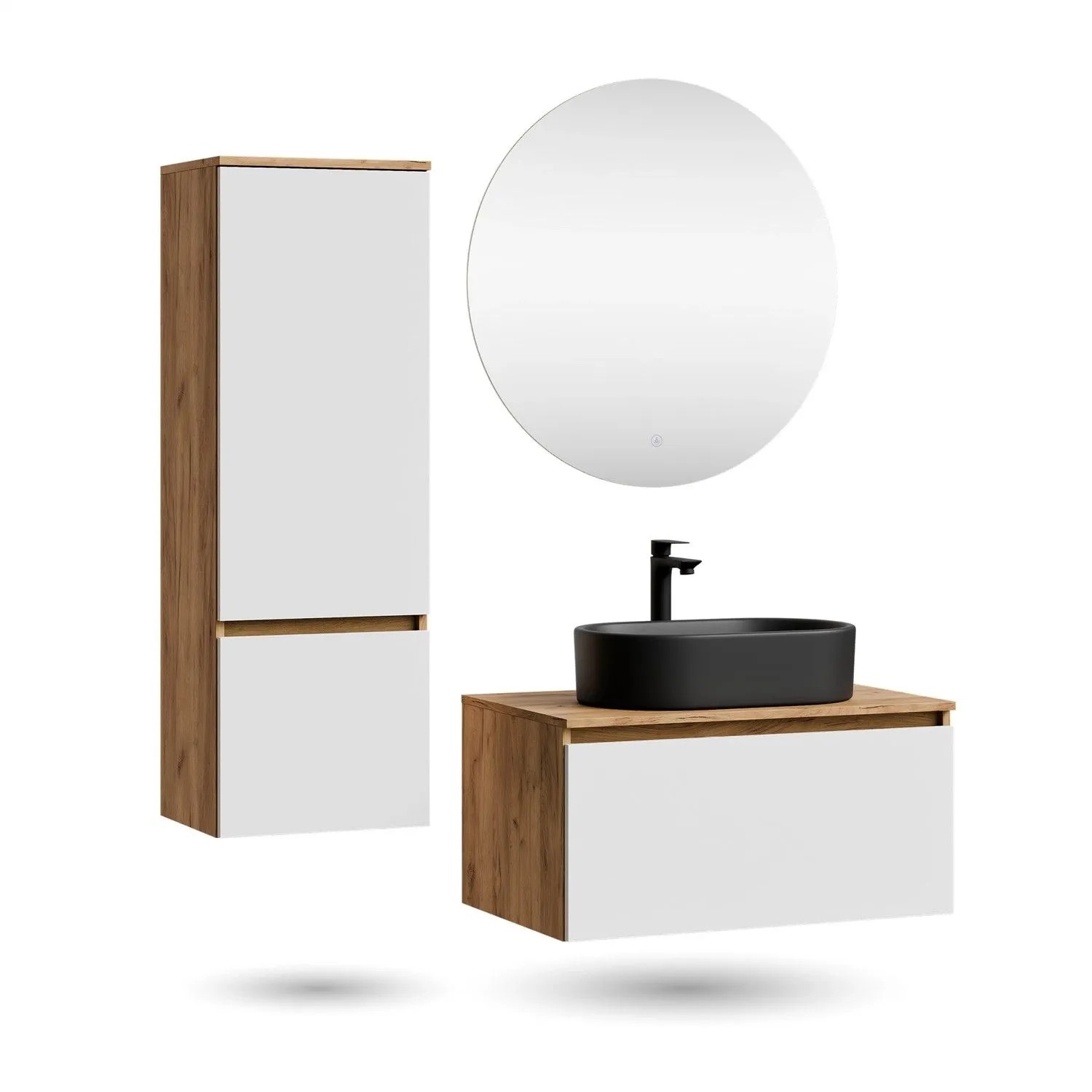 Planetmöbel ARISA Badmöbel Set 80 cm Weiß mit Hochschrank NOVA LED Spiegel und Schwarzem Keramik Aufsatzwaschbecken 55 cm Soft Close