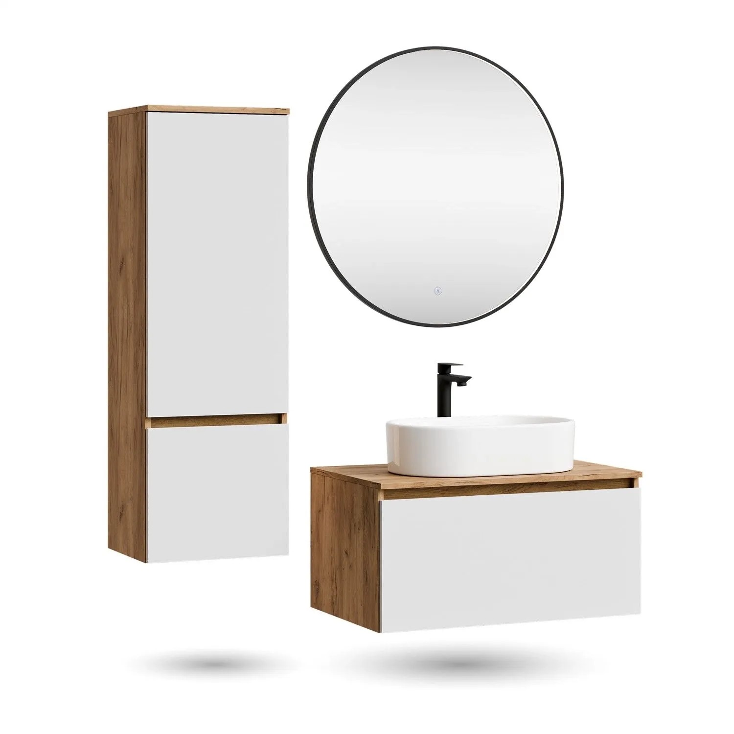 Planetmöbel ARISA Badmöbel Set 80 cm Weiß Matt mit Hochschrank Veluna LED Spiegel 80 cm und Keramik Aufsatzwaschbecken 55 cm in Weiß Soft Close