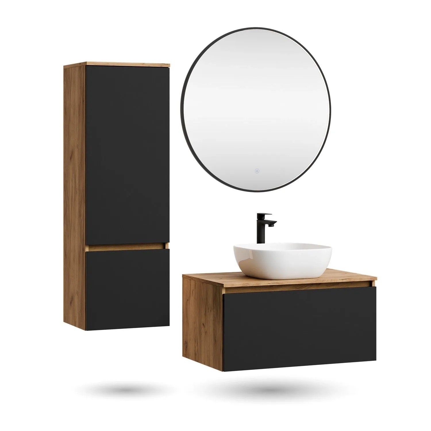 Planetmöbel ARISA Badmöbel Set 80 cm Schwarz Matt mit Hochschrank Veluna LED Spiegel 80 cm und Keramik Aufsatzwaschbecken 42 cm in Weiß Soft Close