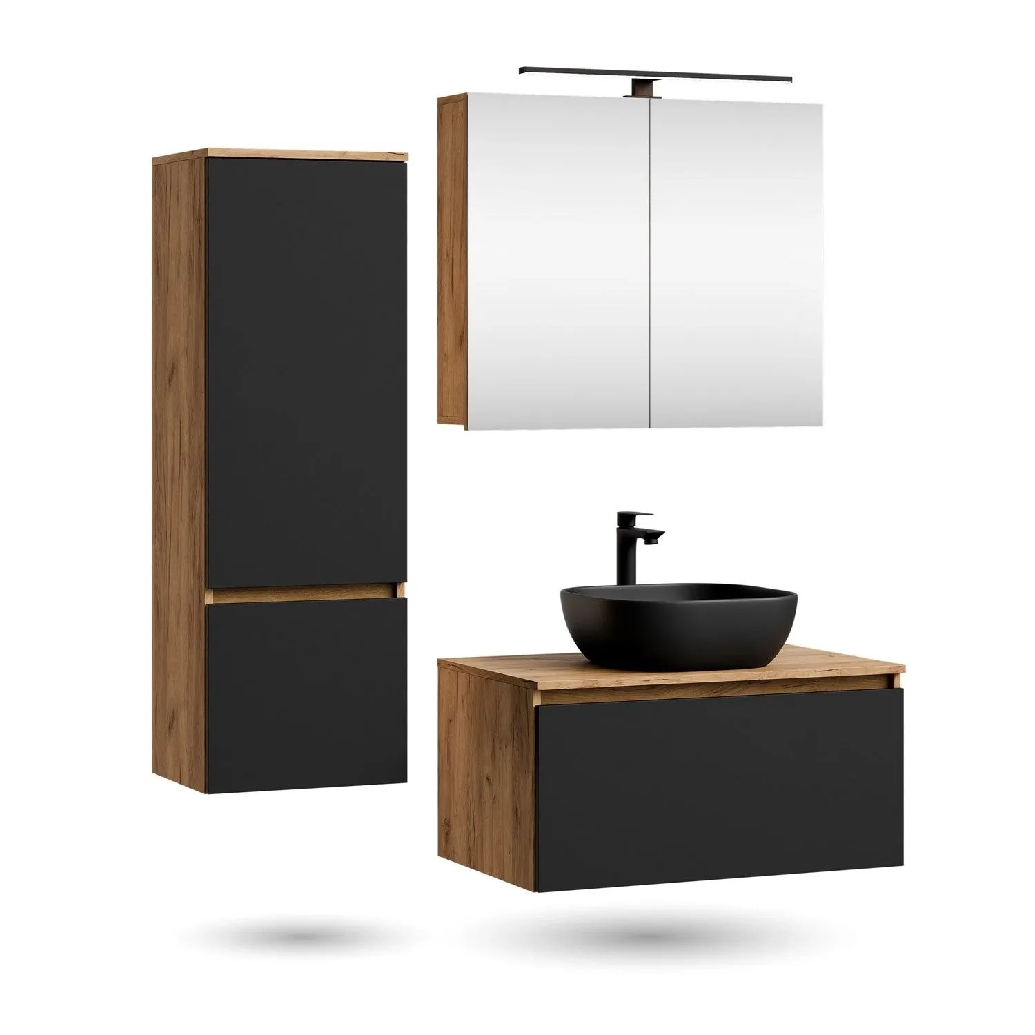 Planetmöbel ARISA Badmöbel Set 80 cm Schwarz mit Hochschrank Spiegelschrank ARIA und Aufsatzwaschbecken Schwarz 42 cm