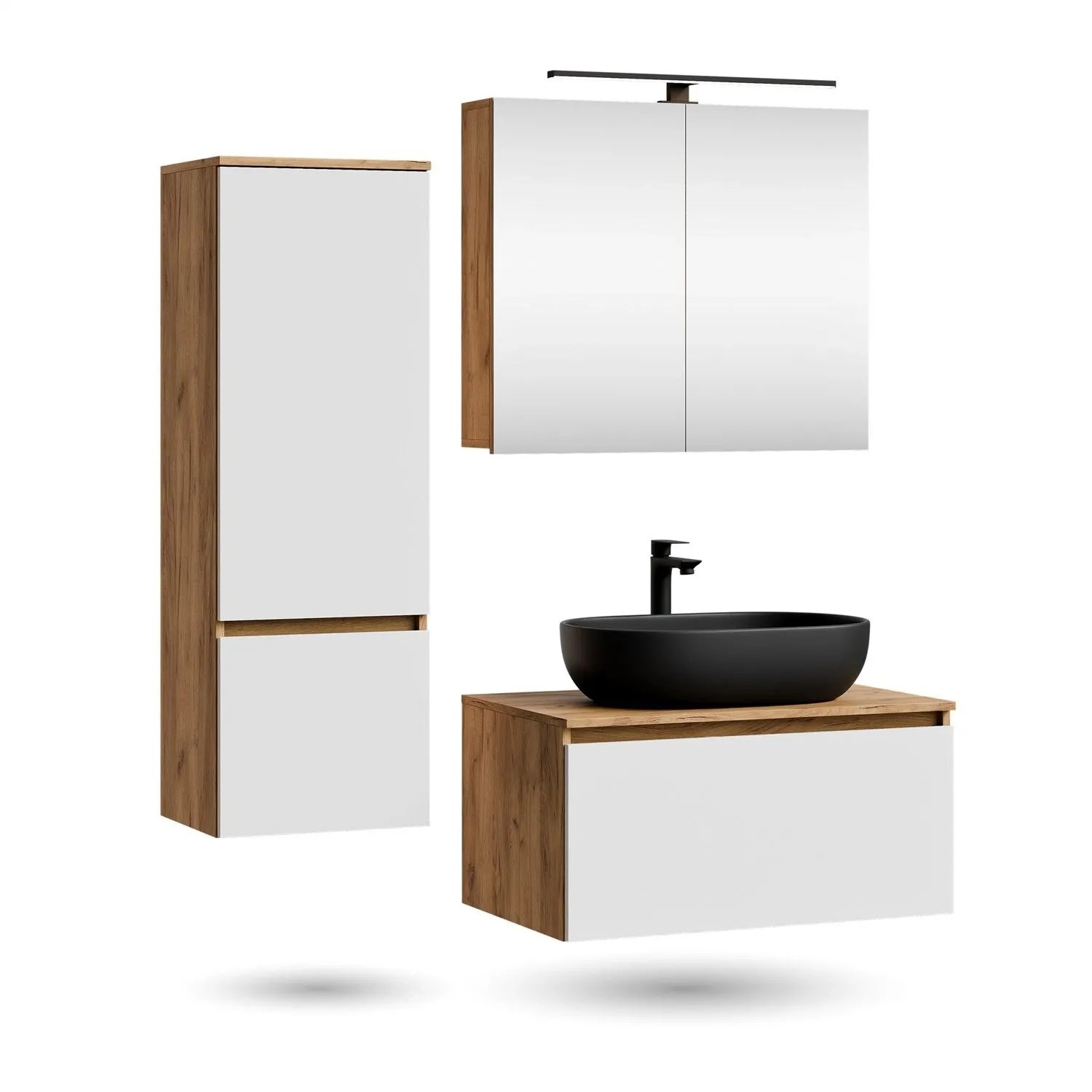 Planetmöbel ARISA Badmöbel Set 80 cm Weiß mit Hochschrank Spiegelschrank ARIA und Aufsatzwaschbecken Schwarz 60 cm